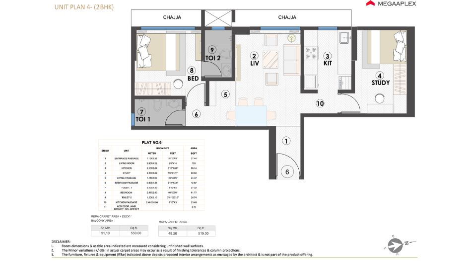 Megaaplex-Prime-Vista-Floor-Plan-2 BHK - 519 Sqft